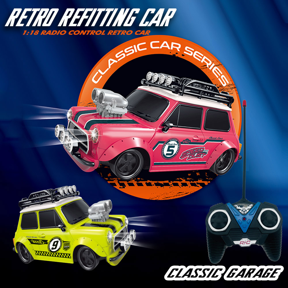 Kids Toys Channel - 1:18 Retro-Umbau-MINI-Auto, 4-Kanal-Fernsteuerungsauto, 27MHz RC-Auto, Hochgeschwindigkeits-Lichtmodellfahrzeug,